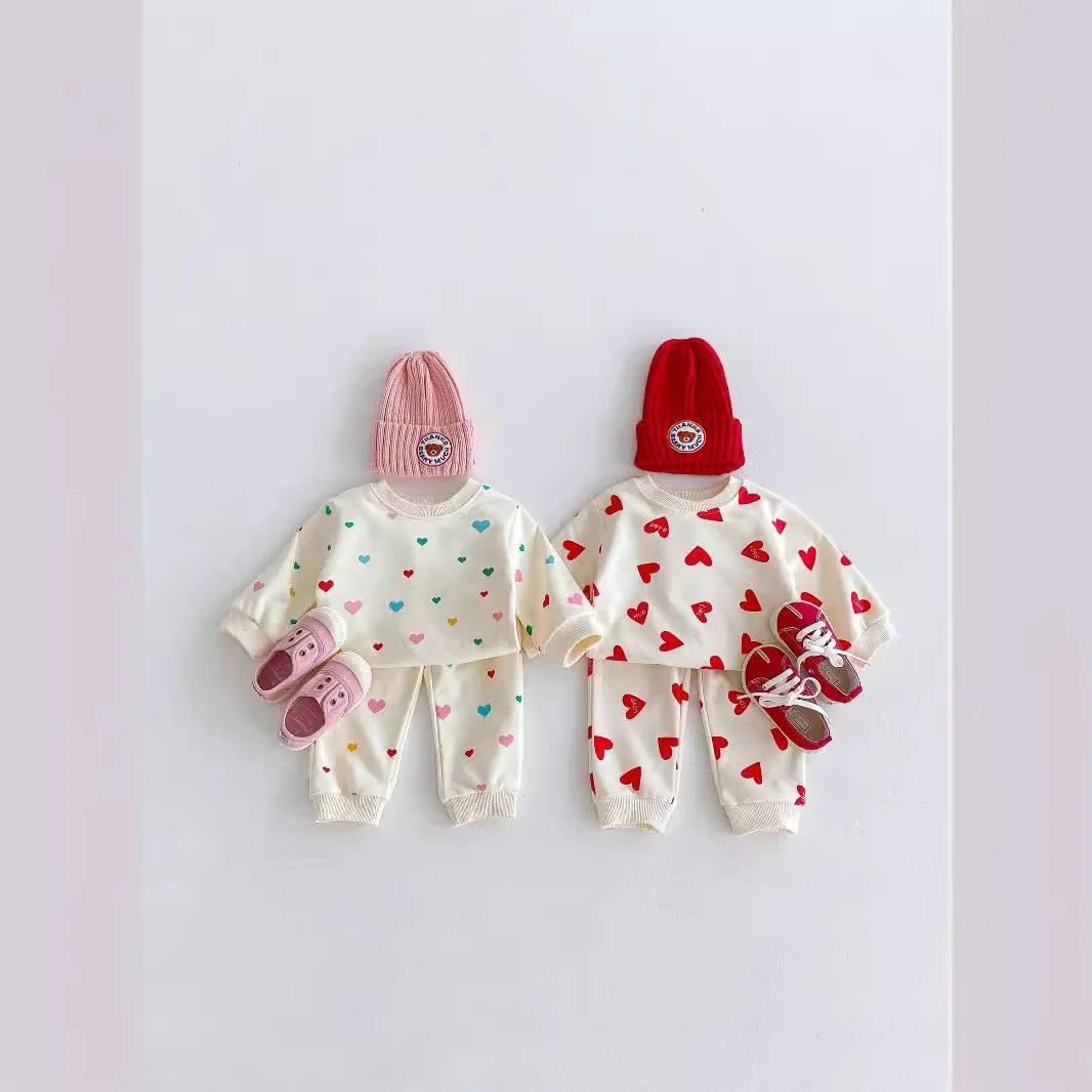 Ins Autumn Kids Baby Girl 2PCS Clothes Set Colorful Love Heart Sweatshirts Cotton Loose Soft Sweatpants Suit Toddler Girl Outfit