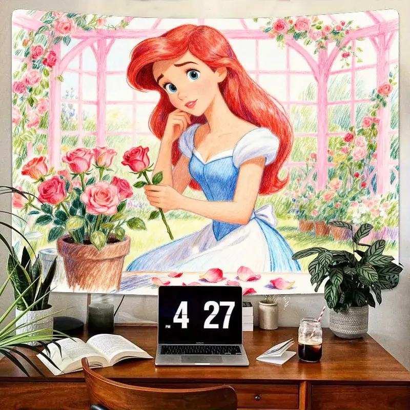 

1 шт., принцесса Диснея Ариэль, розовая роза, садовый гобелен, эстетический причудливый полиэстер, настенное искусство для спальни, гостиной, декор, подарок для