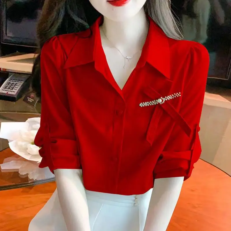 Bottone patchwork con fiocco Camicetta coreana tutto-fiammifero Primavera Autunno Manica lunga Polo Collo Camicia da ufficio Top Moda Abbigliamento donna coreana