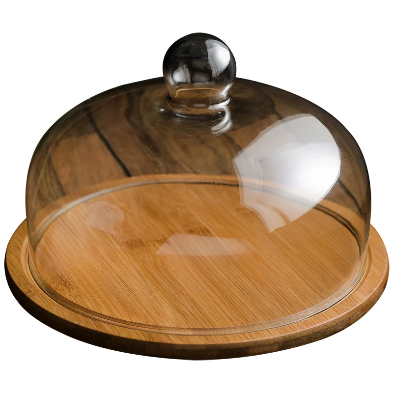 

Nordic bamboo and wood cake tray dust-proof glass cover tasting bread dessert display fruit tray