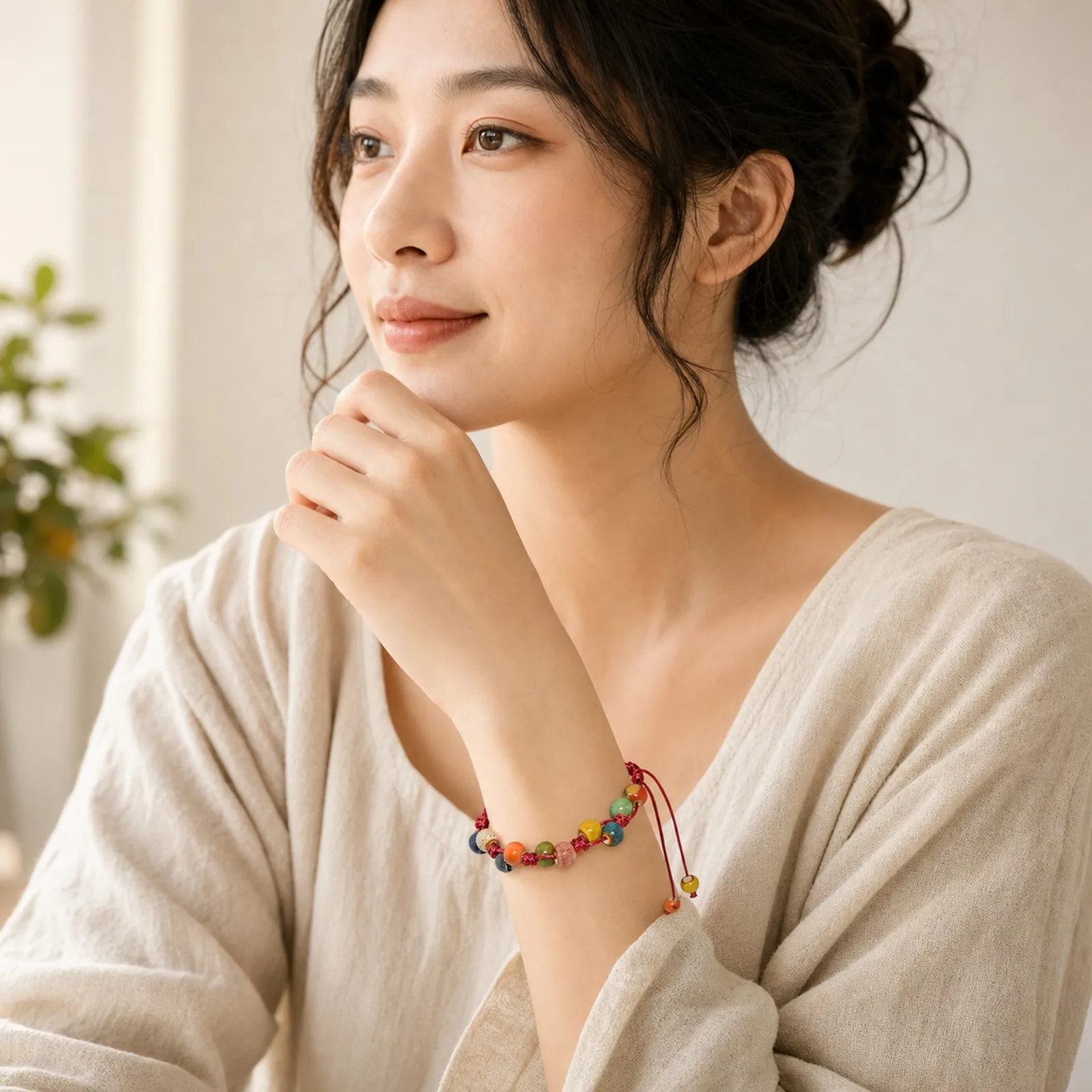 Handmade Ceramic Bead Bracelet with Adjustable Wax Cord, Hand-Woven Colorful Beads and Metal Fittings Y260705-19