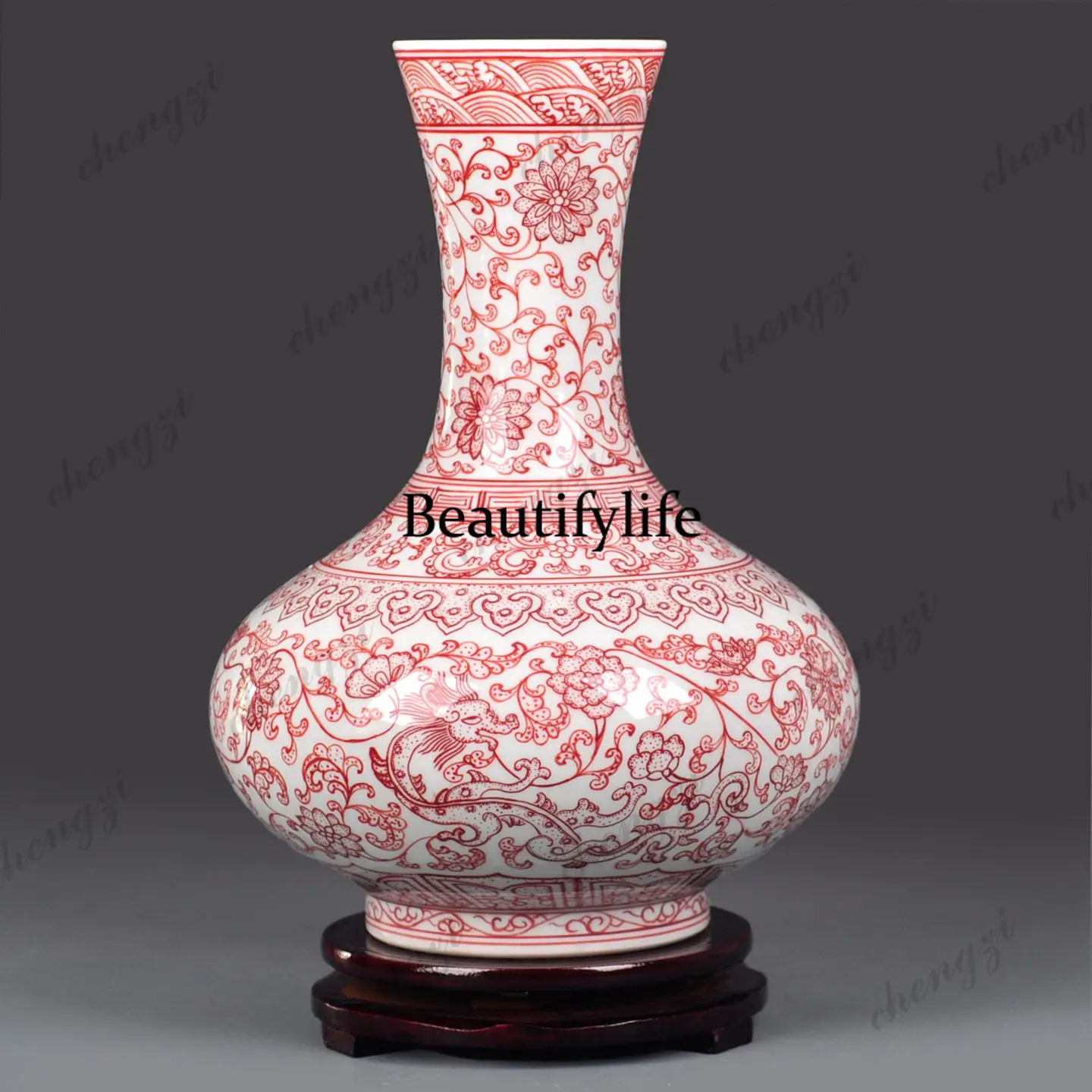 Red hand-painted underglaze red Chinese vase household hydroponic ornament living room TV cabinet