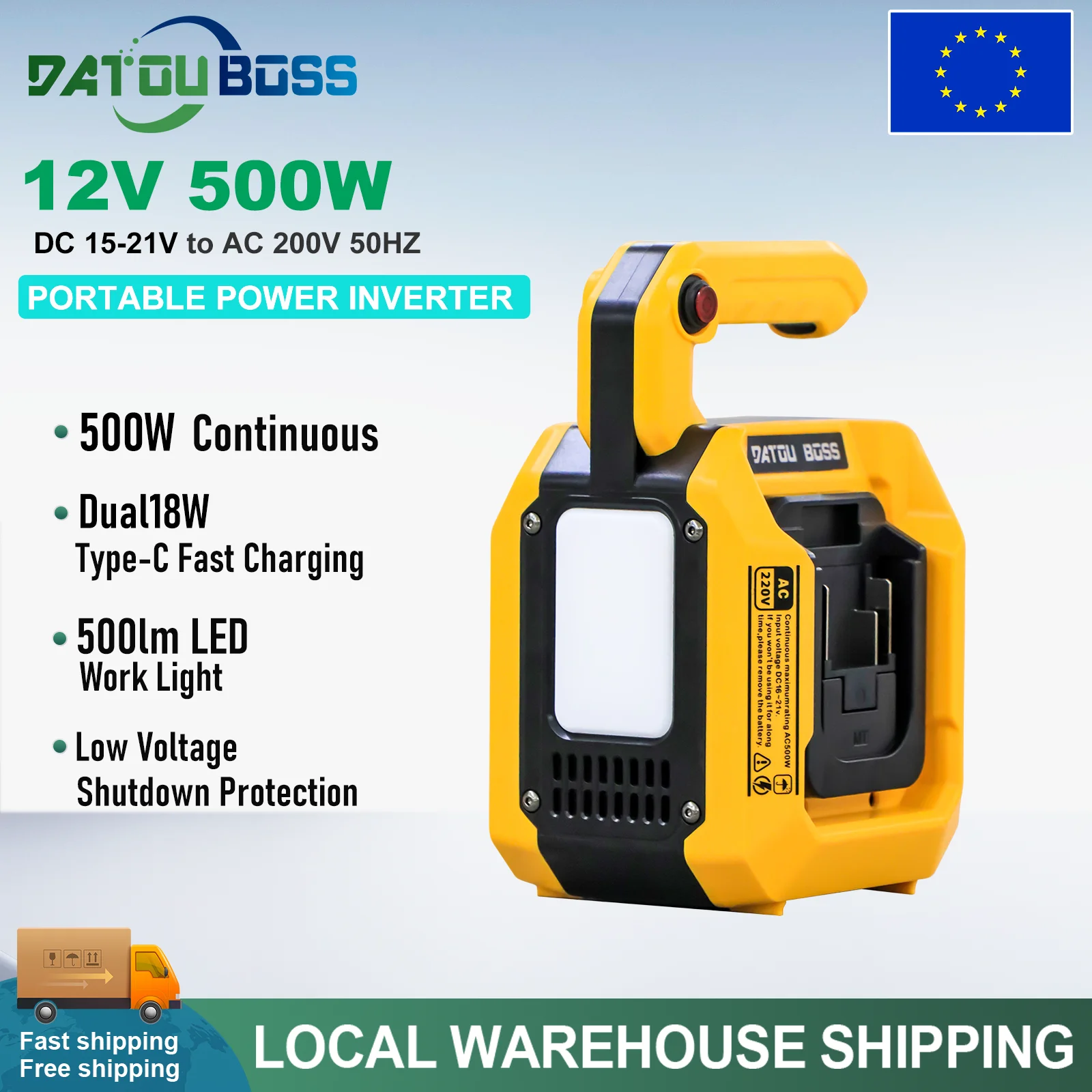 DATOUBOSS DAC500W Stromwechselrichter für 18V-21V Batterien 500W Reiner Sinuswellen-Wechselrichter 220V EU-Stecker Duale 18W Typ-C Anschlüsse für Camping und Notstromversorgung zu Hause