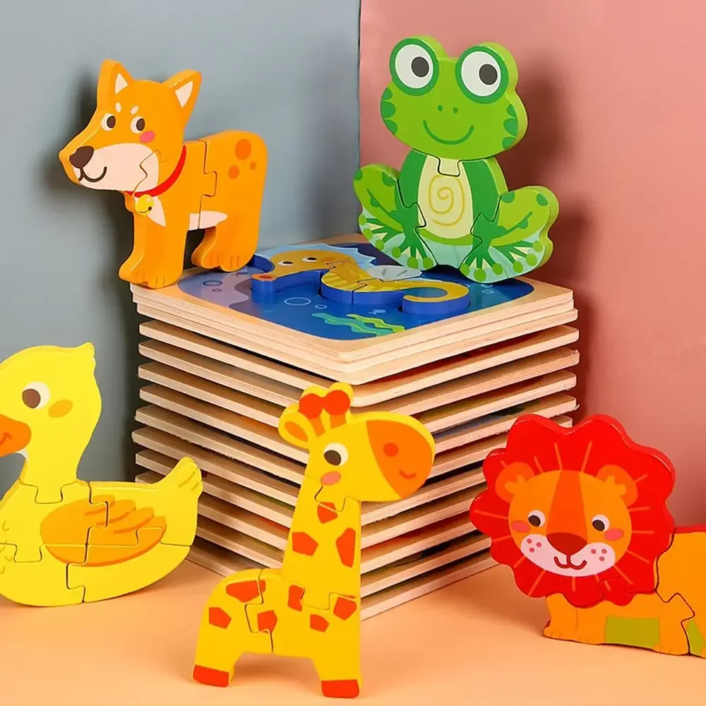 Frog Learning Cognition Lion Train Intelligence Game Puzzle Kids Wooden Puzzle Toy 3D Animal Jigsaw Early Education Toy