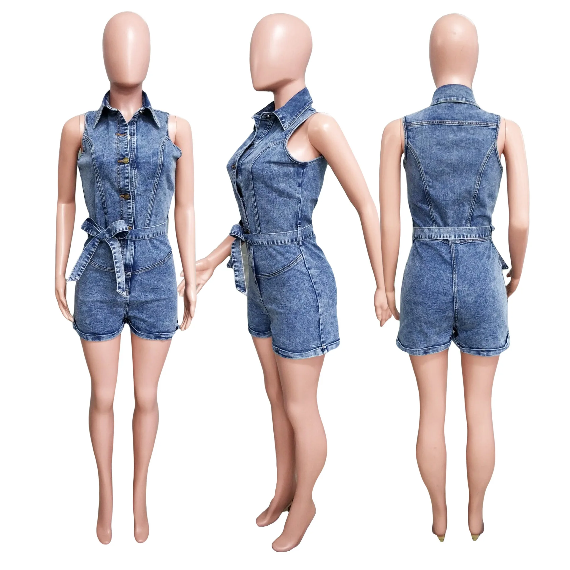 Nieuwe Mode Dames Romper Zomer Mouwloze Revers Midden Taille Comfortabele Effen Kleur Losse Dames Romper Shorts