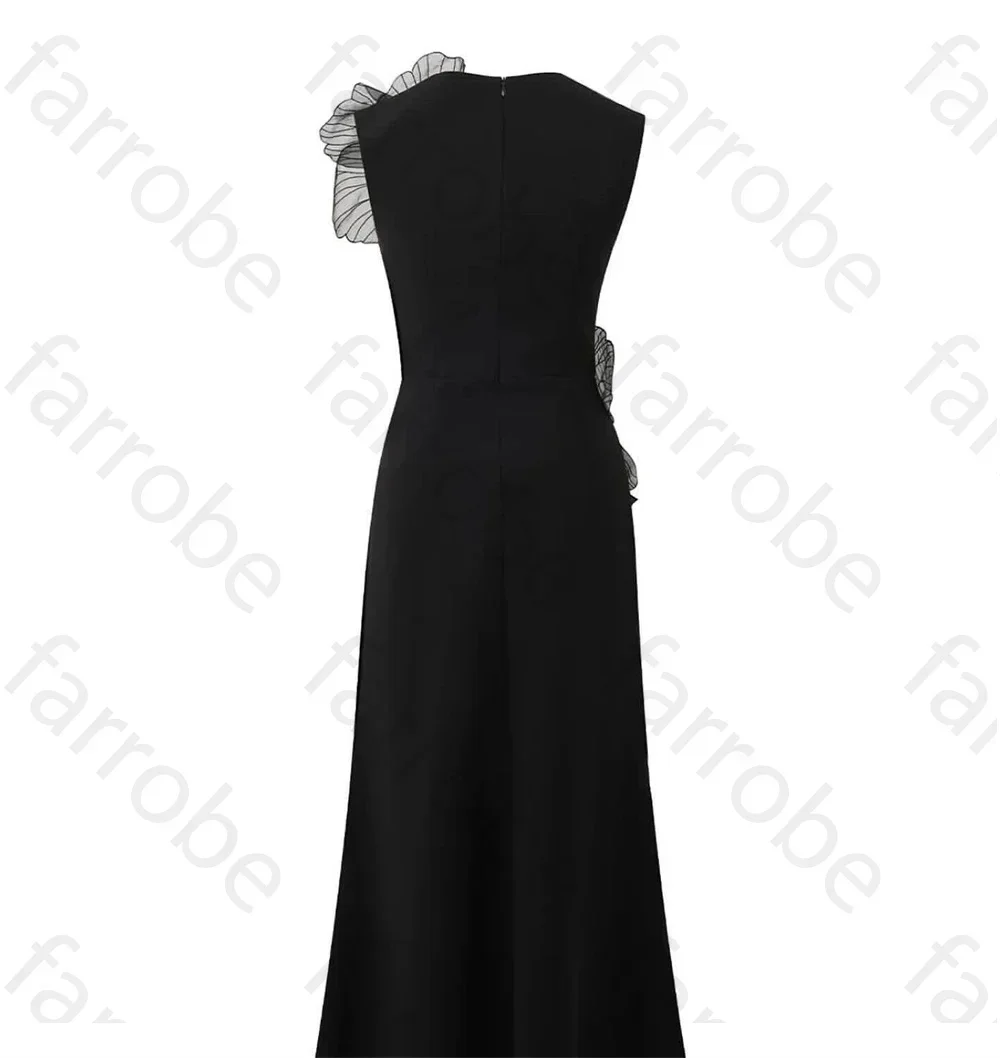 Customized Black Exquisite Evening Dress Flower Beading Ruched A-line Sleeveless Bespoke Occasion Gown Midi Dresses Party