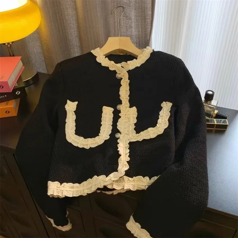 

New Black Imitation Mink Velvet Wind Cardigan Jacket lace Sweater Short lace Spring and Autumn Single-breasted Coat Knitted Coat