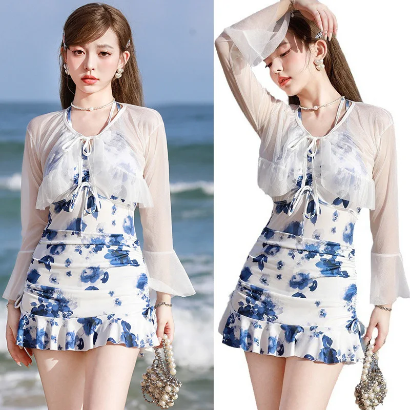 

2024 New Swimsuit Spa Female Conservative One-piece Skirt Print Beach Swimsuit Large Size Long-sleeved Ladies Swimsuit