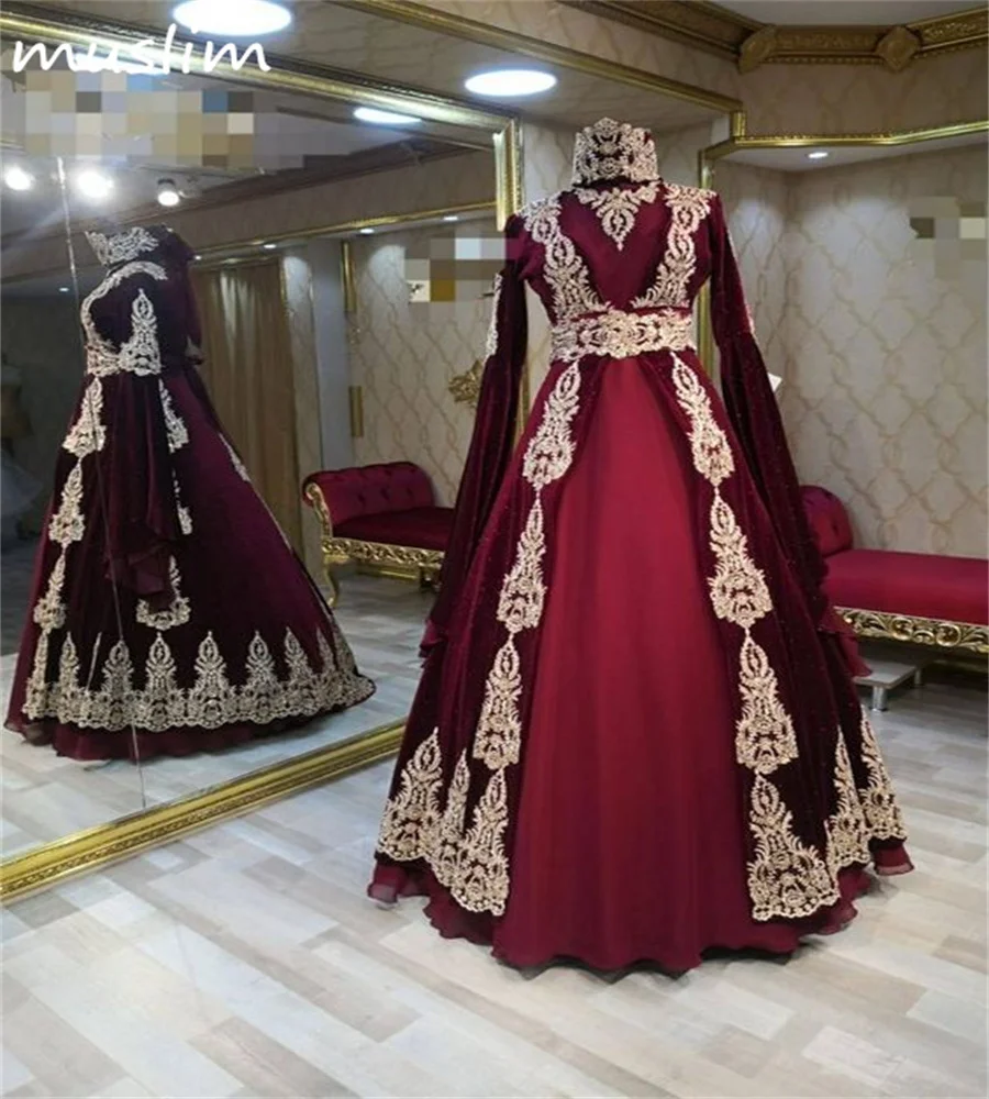 Muslimah Burgundy Abaya Moroccan Evening Dress Appliques Turkish A Line Prom Dress Long Sleeve Velvet Nation Formal Customized