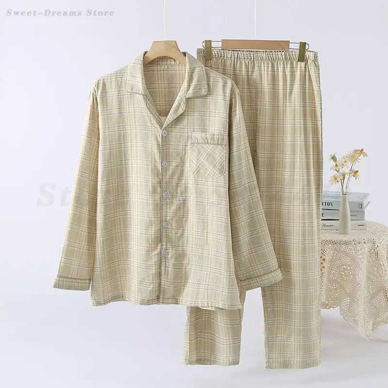 日本の市松メンズパジャマセット男性春秋綿パジャマホーム服長袖トップパンツシンプルなスパースター Mujer