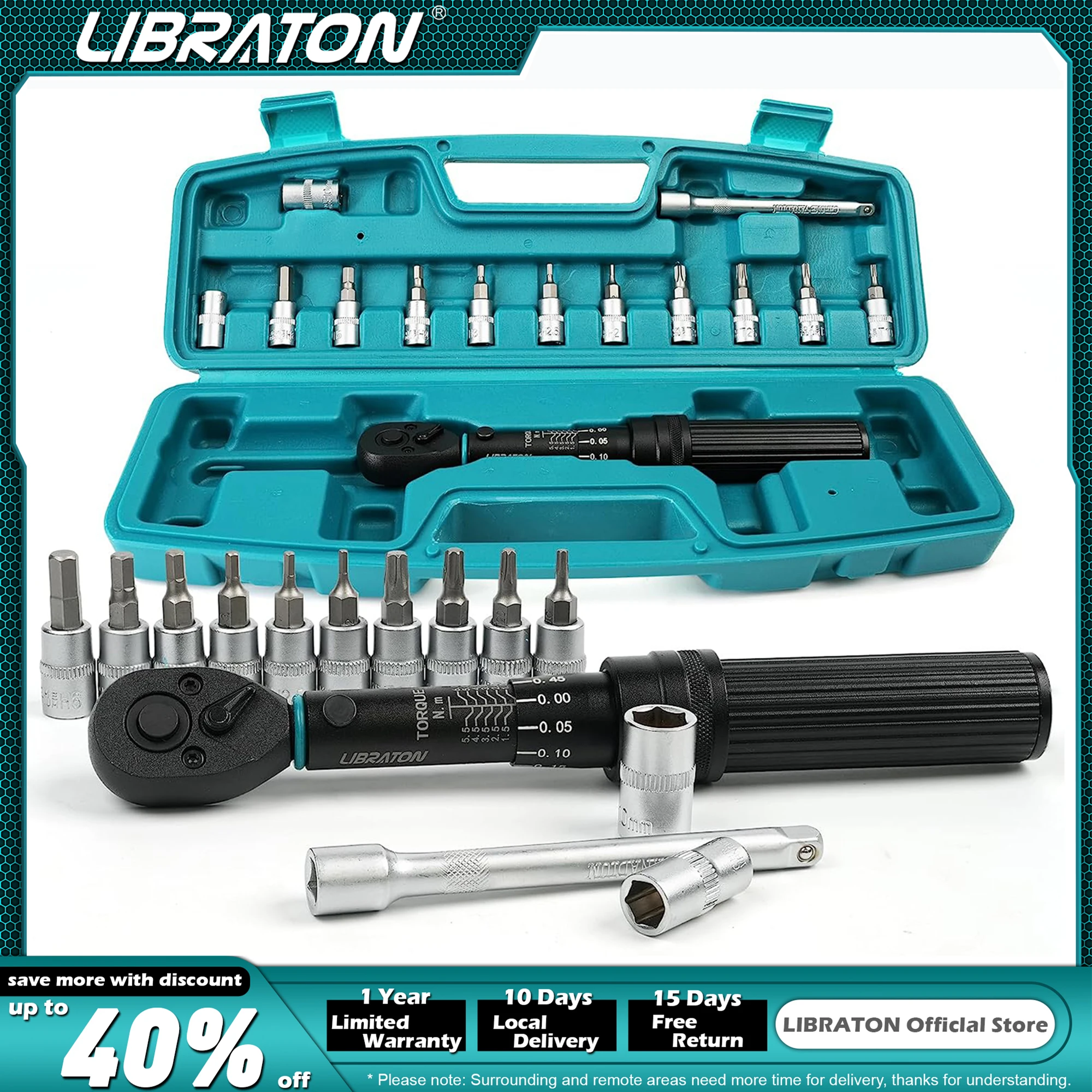 

LIBRATON Bike Torque Wrench 1/4'' 1-6Nm, 0.05 Nm Micro, Drive Click Torque Wrench Set, Hex, Torx/Star Bit Sockets, Extension Bar