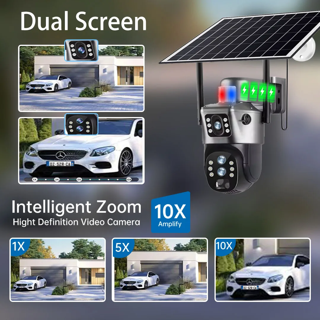 Solar Camera 10X Zoom 4G Or WiFi Security Protection Outdoor 6K 12MP Surveillance Three Lens PTZ Auto Tracking Cameras V380 Pro