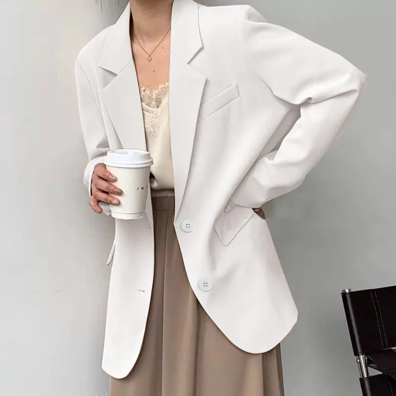 White Mid Length Korean Loose Blazer Women Long Sleeve Single Breasted Suit Coats Female Solid Basic Casual Outerwear Blazers