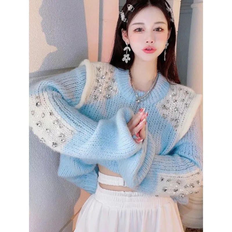 

Korean Version Puff Sleeves Sweater, Y2k Top Pullover, Heavy Industry Beading Knitting, Loose Round Neck Trend, Spring and Autum