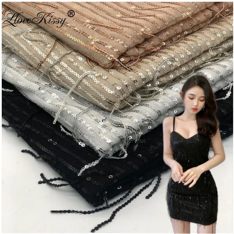 

14 Colors in Stock Wholesale Classic Stretch Mesh Embroidery 3MM Tassel Sequin Fabric For Party Dress 5yards/Lot Width 125CM