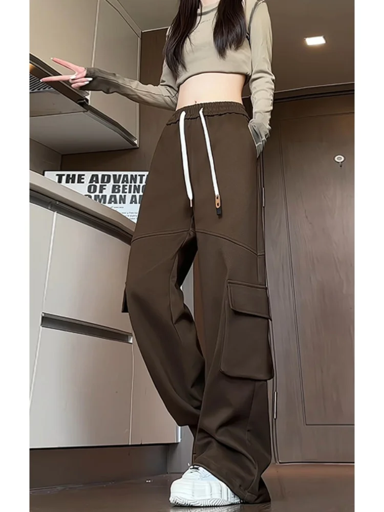 

Мужские рабочие брюки с большими карманами, свободного кроя, прямые, в пол, повседневные, модные, весенне-осенние, свободного силуэта