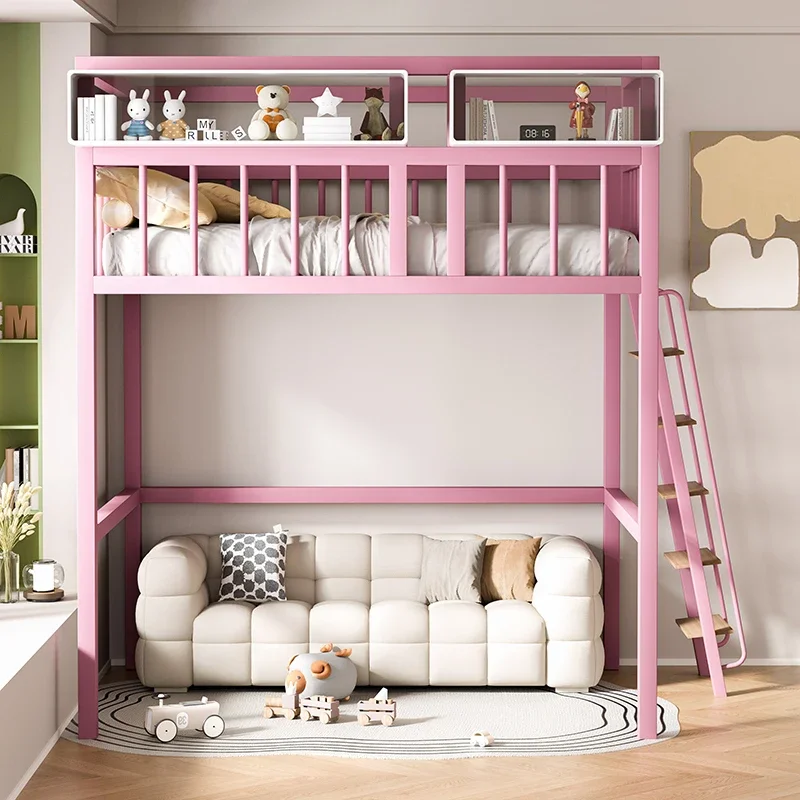 Small apartment elevated bed duplex second floor loft bed children go to under table combination bed sheet upper floor suspe