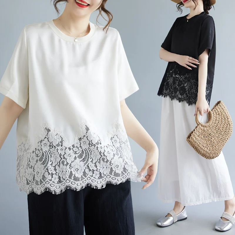 

New Summer Large Size Lace Splice ort Sve Pure Color Top Korean Sle Acetate Water Soluble T-irt Versatile Basic Fit