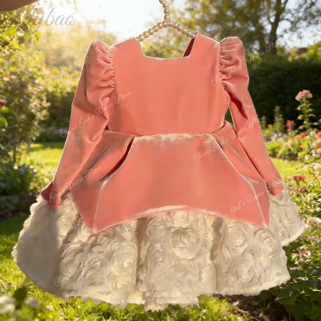 فستان مخملي قصير على شكل حرف A لفتاة الزهور بأكمام طويلة ورقبة مربعة فستان رسمي للأطفال فستان عيد ميلاد للفتيات قابل للتخصيص