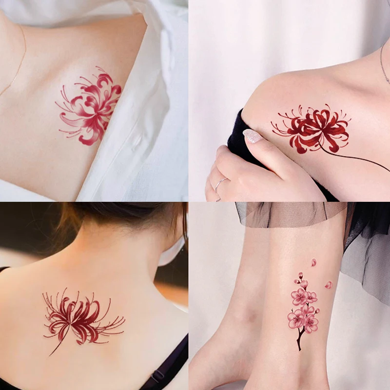 Tatuagem Temporária Flor de Higanbana, Mulher Impermeável Etiqueta Falsa, Menina Tatuagens Temporais, Body Art, Etiqueta Criativa, 1Pc