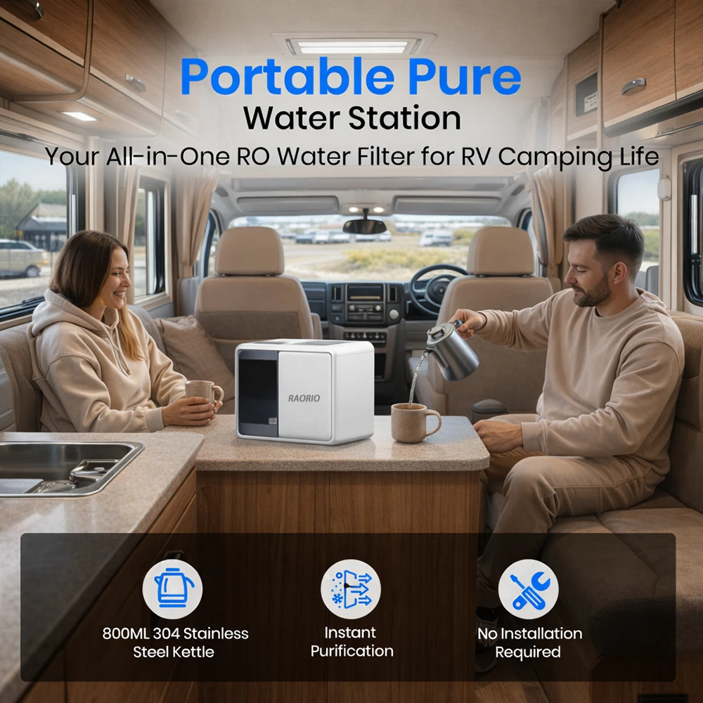 

Ultimate 2-in-1 RV Water Filter Portable RO 5 Stage&Heat Kettle for Family Camping Road Trips UV Filter Clean Water&Instant Food