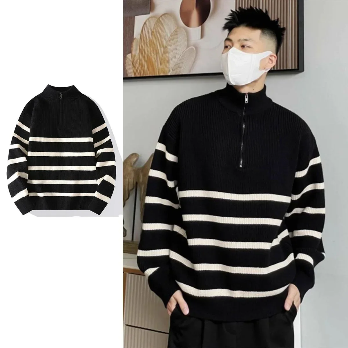 

Men Sweaters Turtleneck Striped Pullovers Long Sleeve Flat Knitted Slim Standard Wool Jumpers Slight Strech Vintage 2025 New
