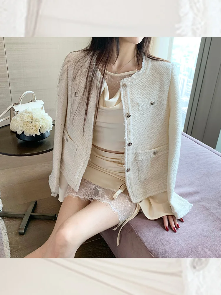 

Liuu Ele Ladylike Tweed Jaet Women's Small Fraance Sle Slimming Suiting Commute Loose Fit Long Sve V-Ne Coat