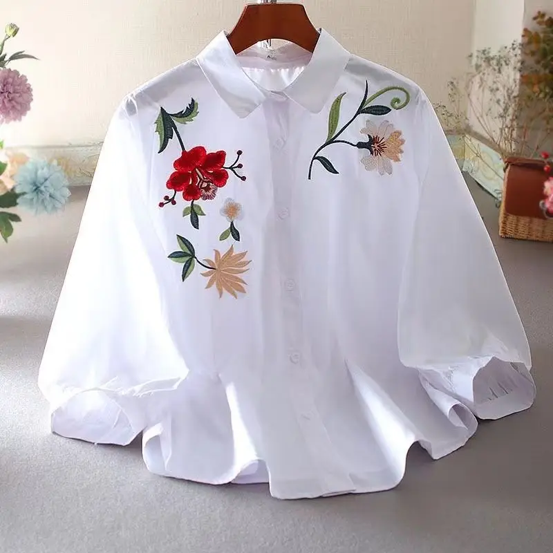 Vintage Embroidery Loose Blouse Summer New 3/4 Sleeve Polo Neck Solid Striped White Shirt Tops Casual Fashion Women Clothing