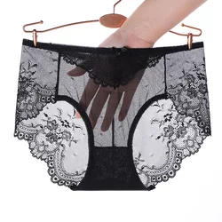 Sexy Lace Panties High Elastic Mesh Breathable Hollow Transparent Seamless Underwear Low Waist Cotton Crotch Women Briefs A31