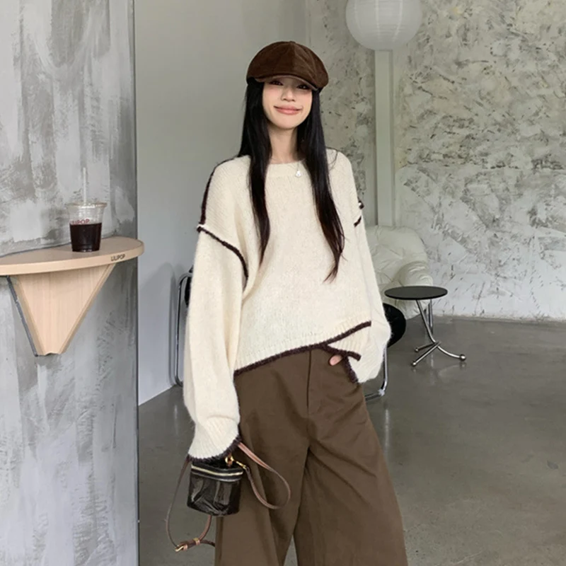 Pull épissé irrégulier pour femme, couleur contrastée, ample, col rond, tricoté, élégant, manches longues, automne