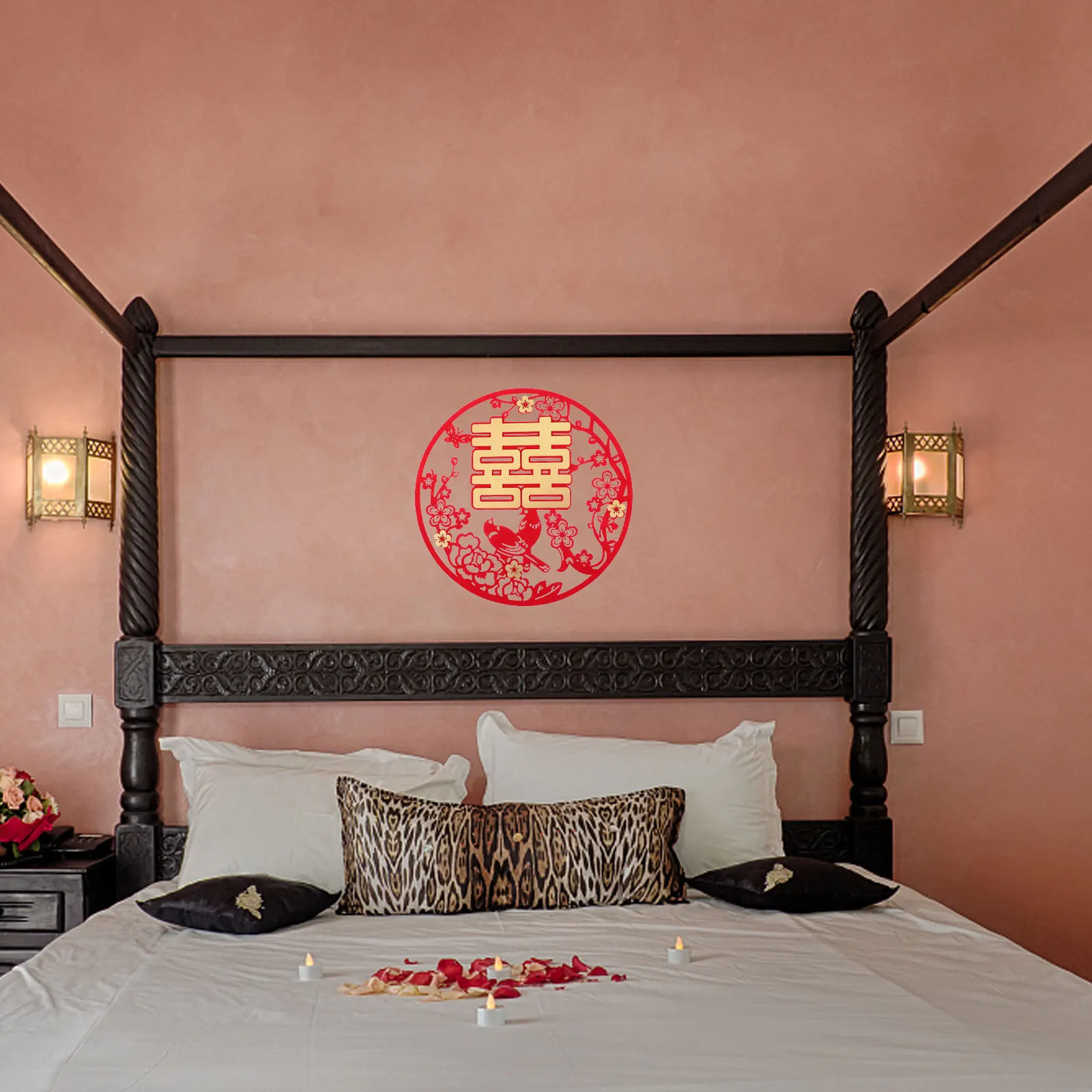 3Pcs Chinese Wedding Window Decals Red Traditional Flocked Cloth Romantic Decor for Marriage Room Living Room Wedding Supplies