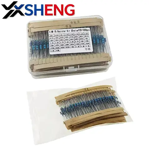 1000PCS 1/4W Metal Film Resistor Kit 1% Accuracy, 50Values*20PCS 0 ohm ~10M ohm Resistors 1R 10R 100 220 330 470R 1K 2K 10K 100K