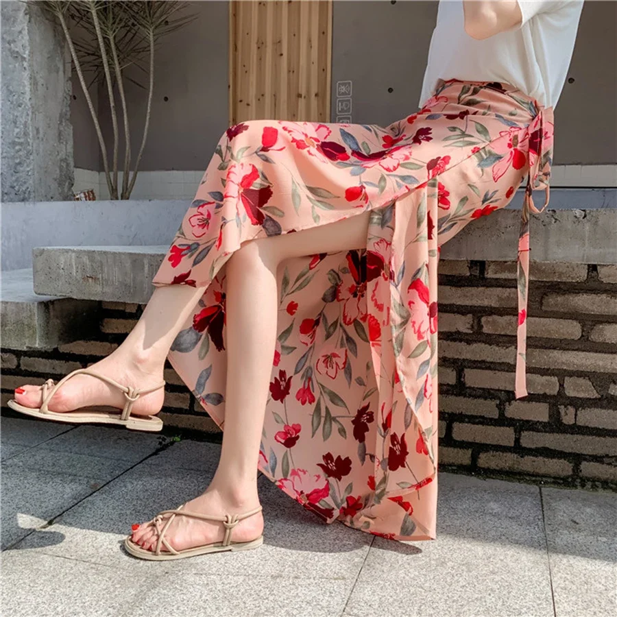 One Piece Summer Skirts Female Elegant Floral Style Chiffon High Waist Adjustable Vacation Long Skirt