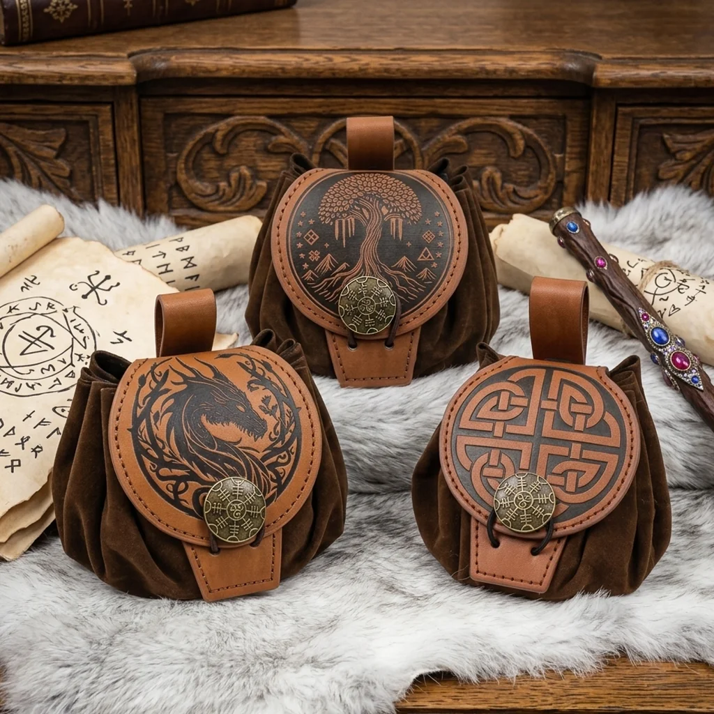Medieval Viking Coin Purse Dice Bag Hangable Waist Bag Unisex Leather Drawstring Coin Pouch Cosplay Accessories Prop