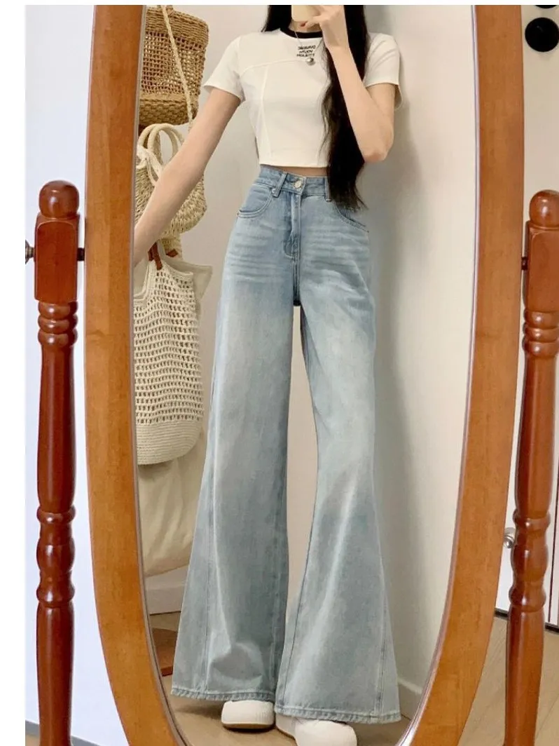 

Легкие джинсы-колокольчики с высокой талией, женские весенне-летние новые американские свободные широкие брюки для похудения, драпированные прямые джинсы