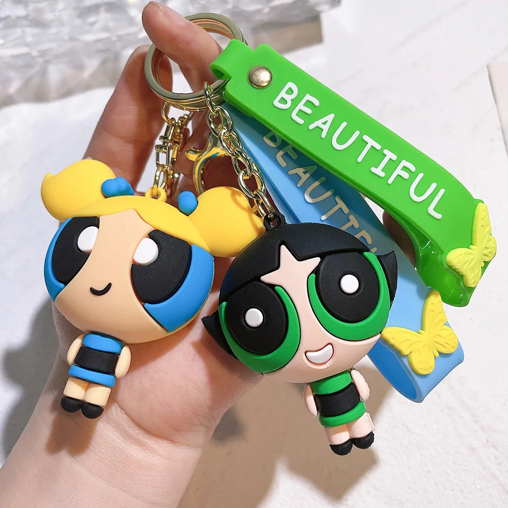 MINISO Powerpuff الفتيات الكرتون عمل الشكل المفاتيح زهر فقاعات Buttercup دمية Keyrings حقيبة قلادة اكسسوارات مفتاح السيارة