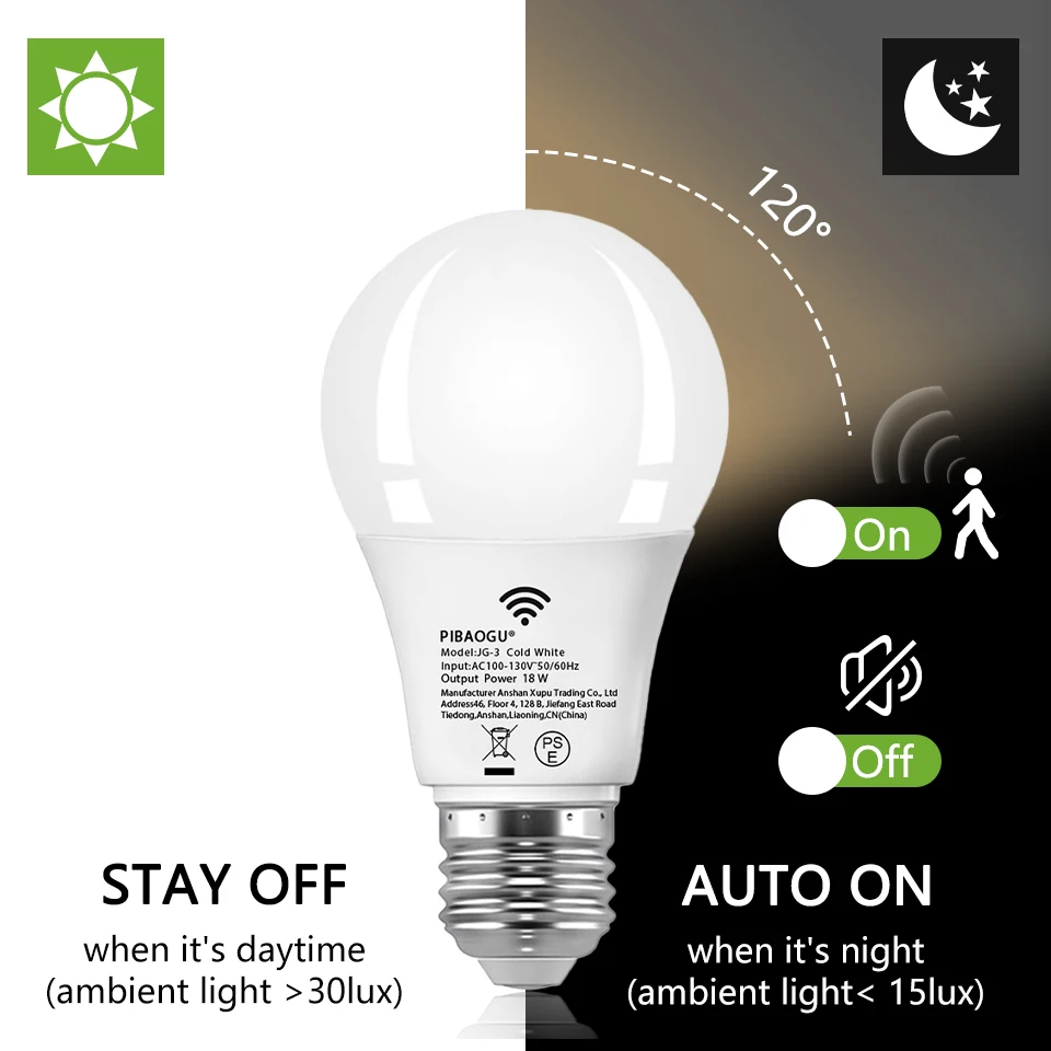 5pc Radar Motion Sensor Light Bulb E26 110V 18W LEDNight Light Bedroom Garden LED Bulbs For Home