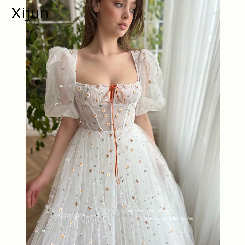 Xijun Fairy White Tulle Evening Dress Puff Sleeves Prom Dresses Floor Length A-Line Party Dress Flower Embroidery 2023 Prom Gown