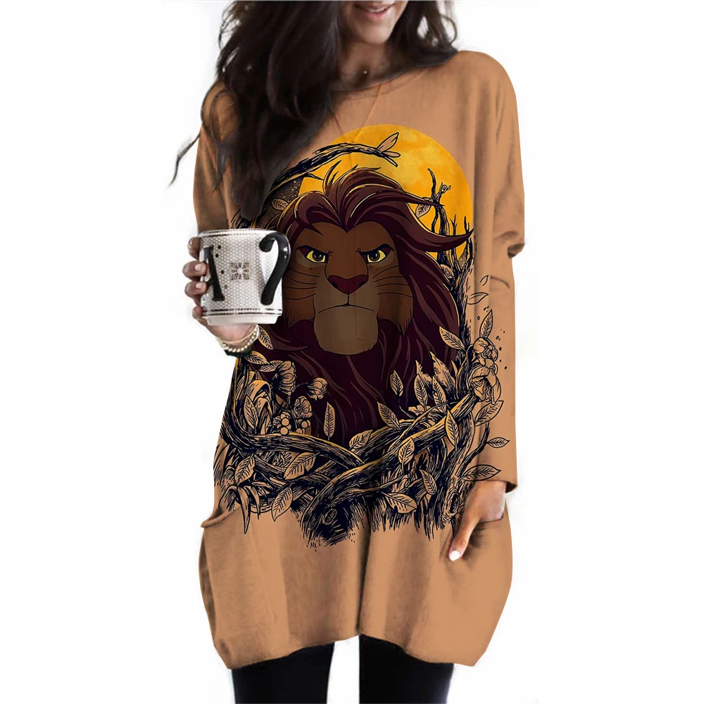 Disney Lion King Simba print Long Sleeve T-shirt Women Fashion Crewneck Long Tunic Tops Women Fall Clothing Femme Tops Y2k Style