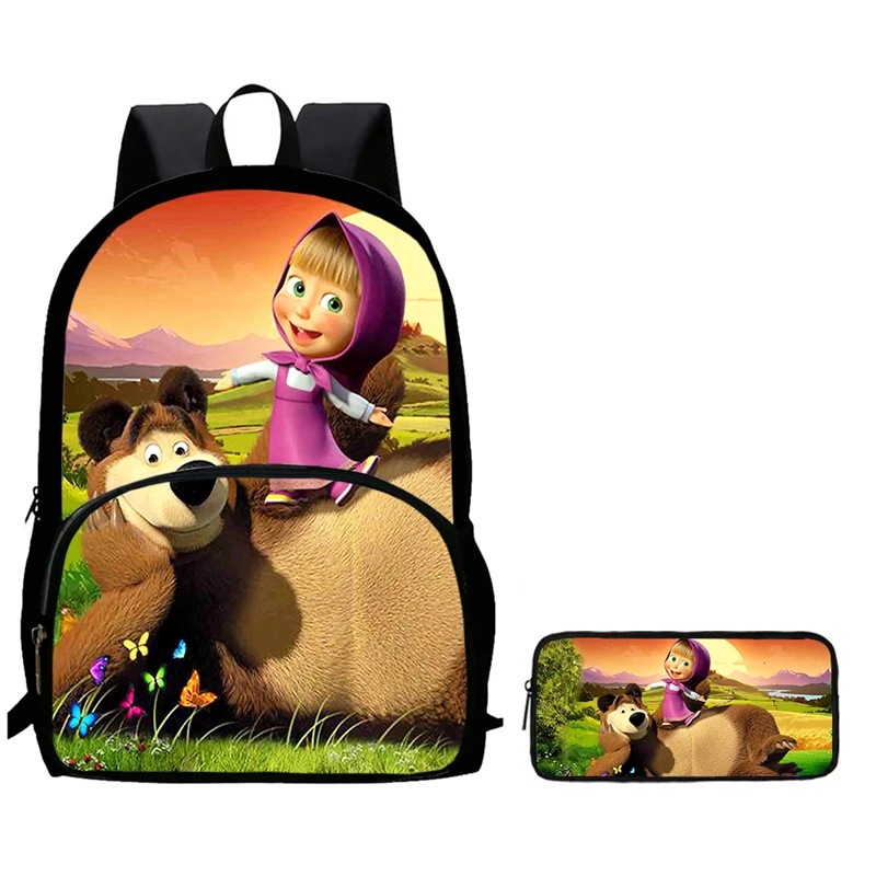 

2Pcs Set School Backpack with Front Pocket,Cartoon M-masha andtheb-earSchool Bag for Girl Boy,Large Child Backpack for Aged 5-10