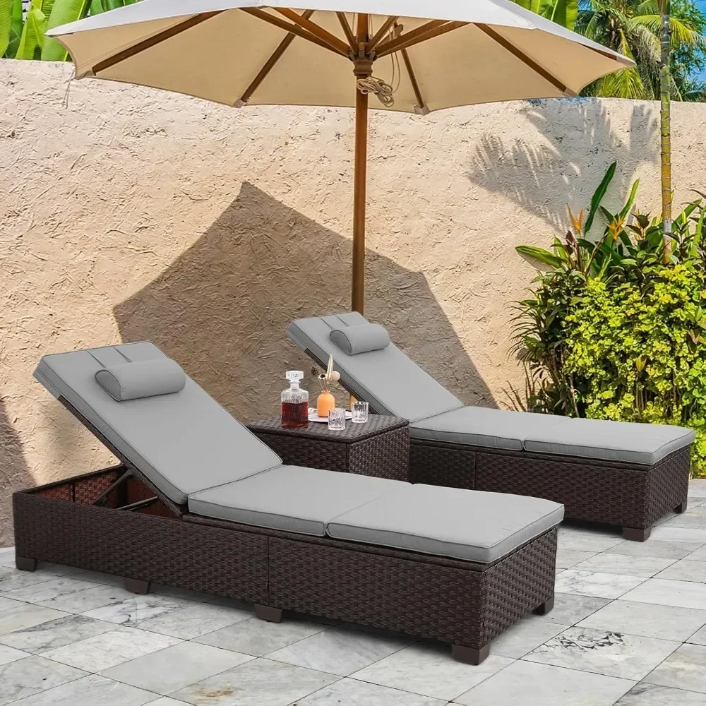 

Outdoor PE Wicker Chaise Lounge Set, Patio Lounge Chairs, Outside Poolside Lounger Furniture Set of 3, Brown Rattan Recliners