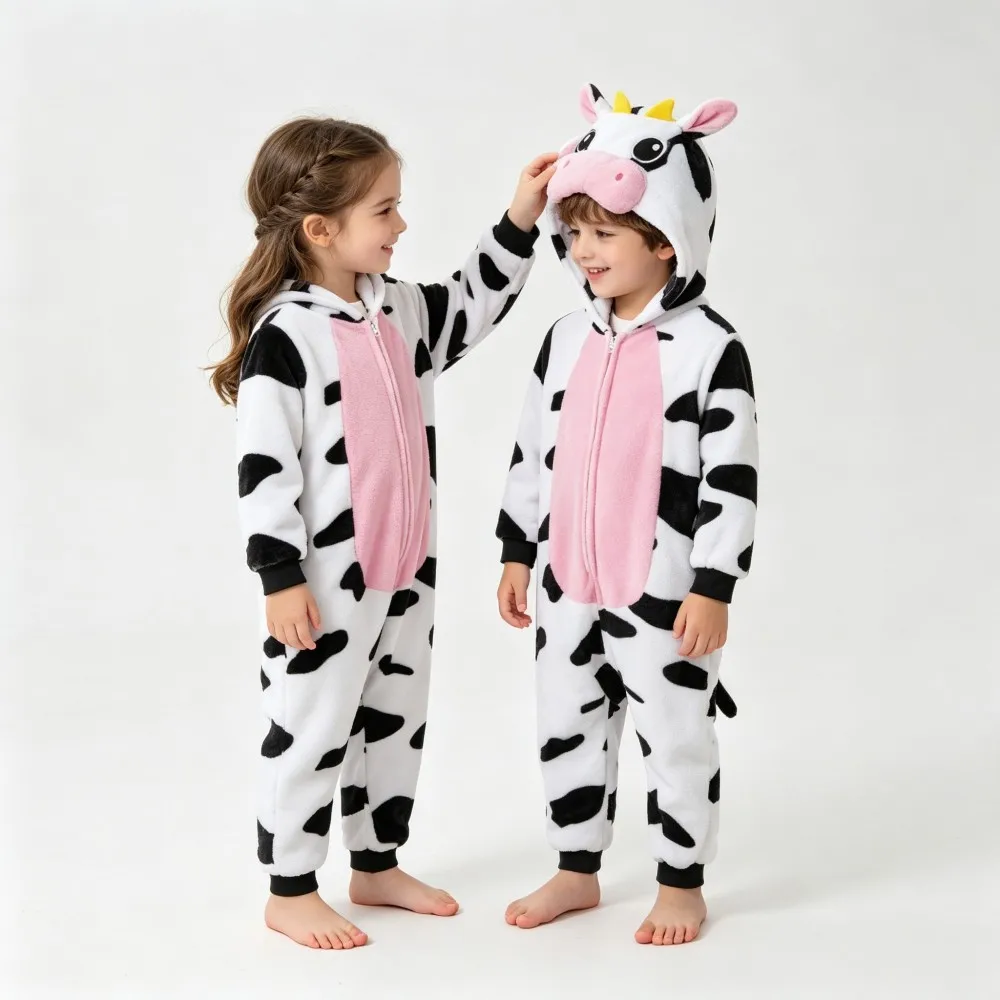 Boys Girls Flannel Kigurumi Pajamas Licorne Leopard Cow Fox Animal Cartoon Hooded Jumpsuits Winter Warm Onesies Teens Adult Pjs