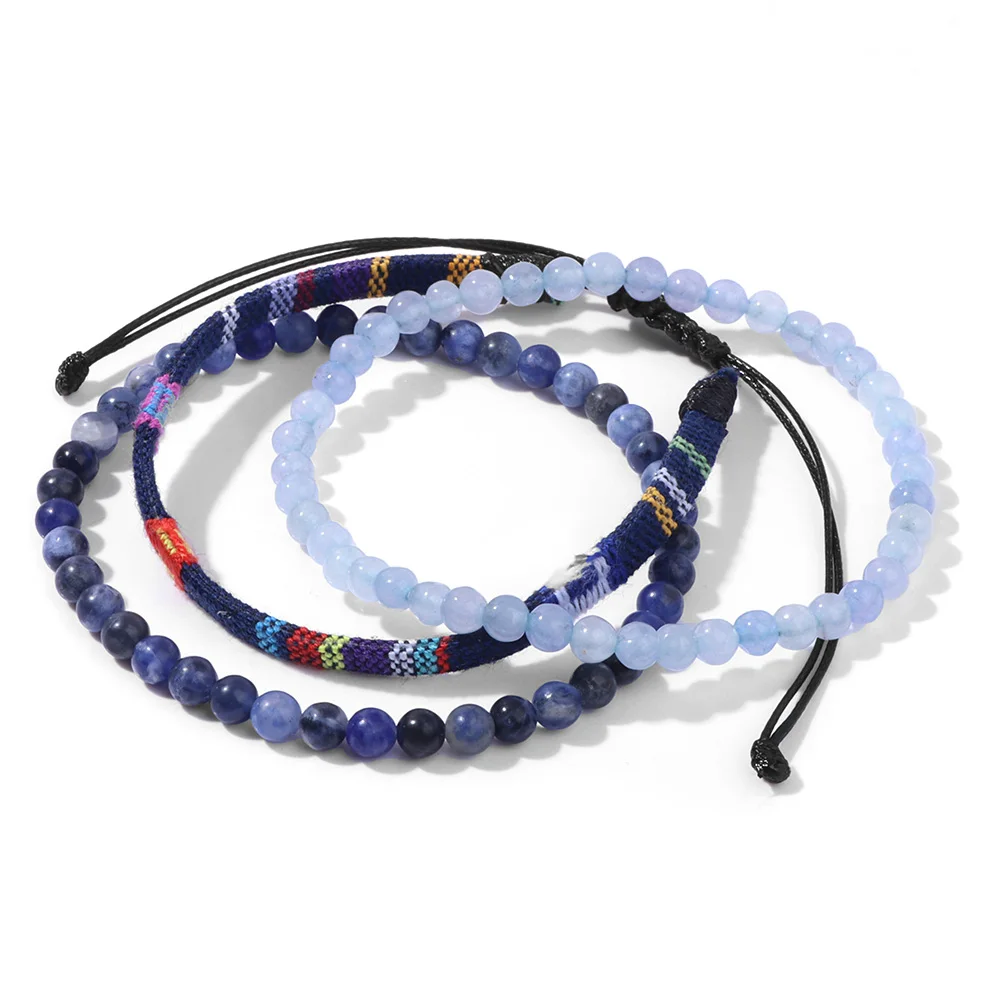 3Pcs/Set 4MM Natural Stone Beads Bracelet Set Handmade Cotton Boho Bracelets For Women Men Healing Reiki Multilayer Wristbands