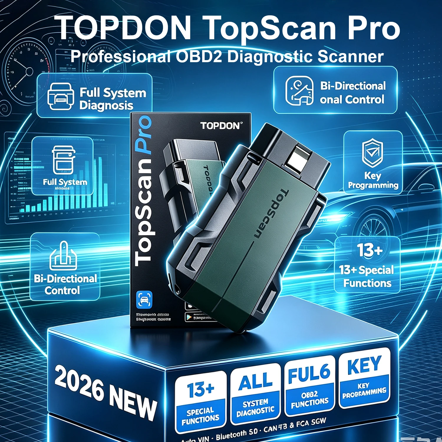 TOPDON TOPSCAN PRO OBD2 Scanner Full System Diagnostic Tool Key Fob Programming Auto VIN Read With 13 Reset Functions