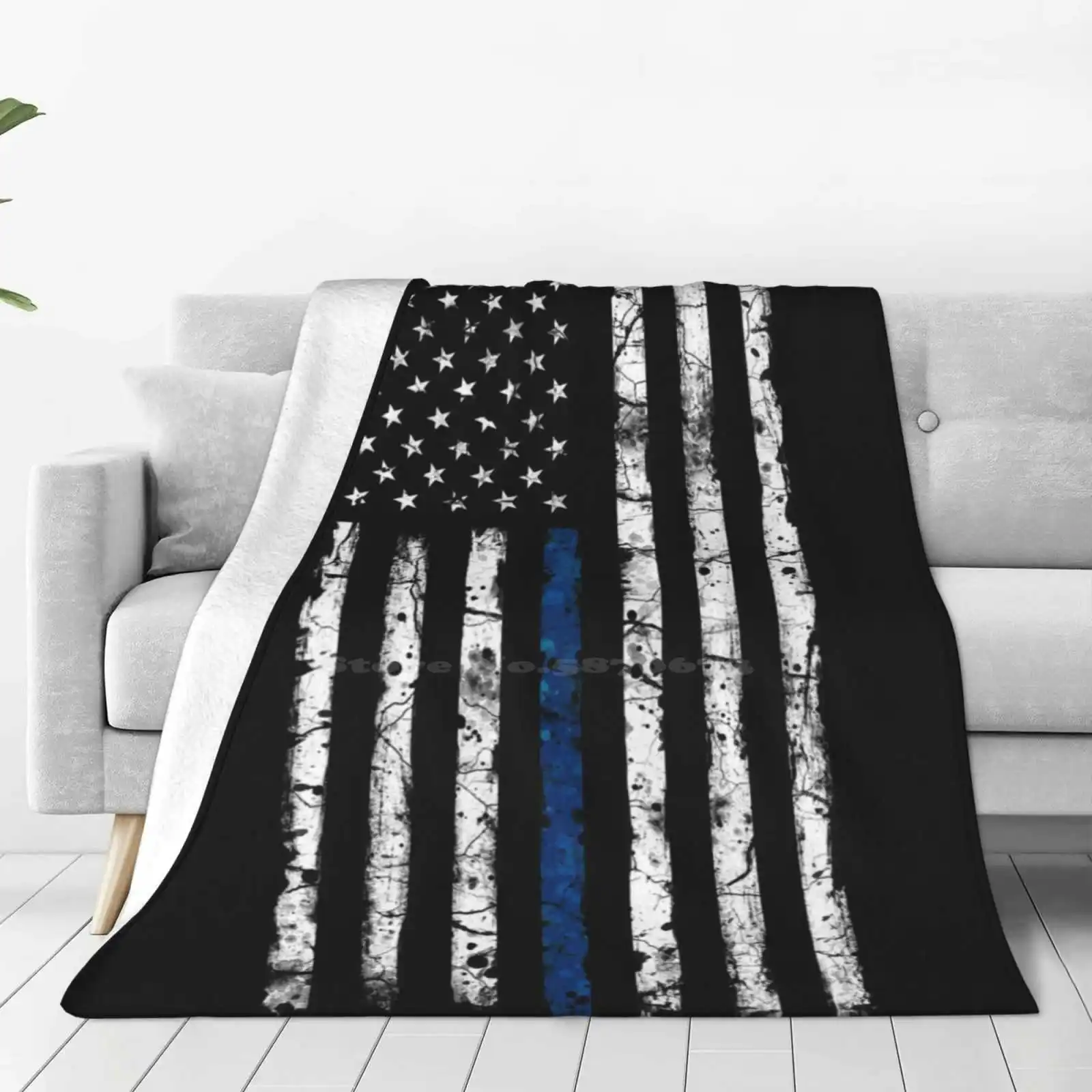 Blue Line ( White ) V2 Vertical Hot Sale Printing High Qiality Warm Flannel Blanket American Flag Blue Line Thin Police Law