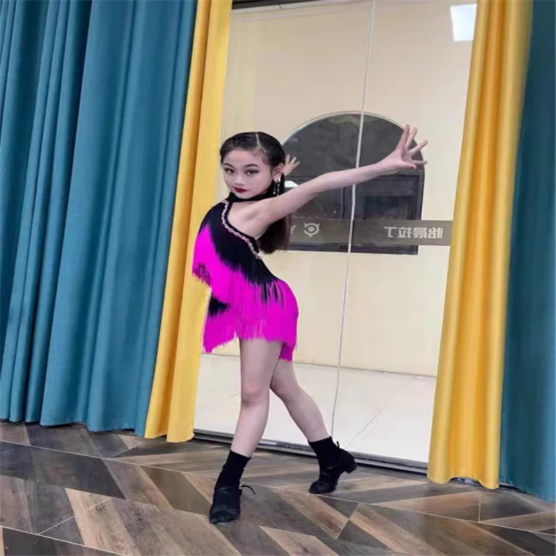 Skirts Child Latin Ballroom Tango Dancewear New Pink Black Latin Fringes Dance Costume Girls Latin Tassels Dress