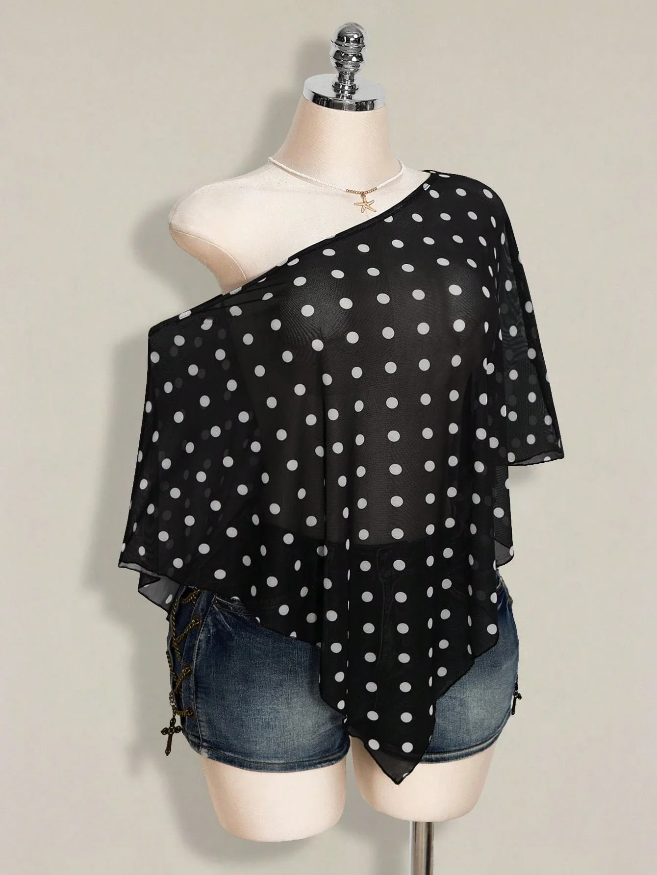 

Women's Plus Size Polka Dot Sheer Mesh Off-Shoulder Irregular Hem Cover-Up Top
