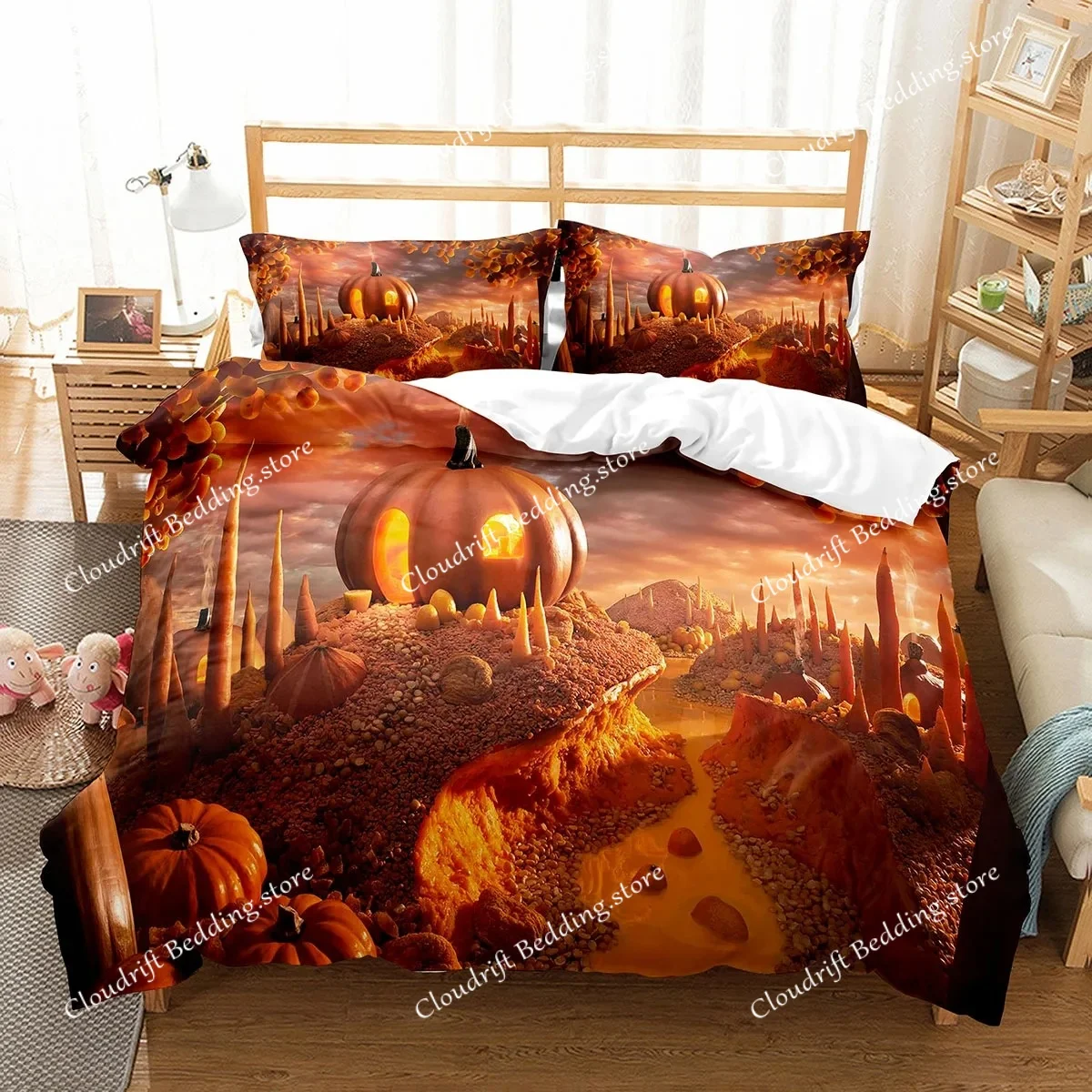 Pumpkin Lantern Duvet Cover Set Polyester Comforter Cover King Queen Full Twin Size Bedding Set With Pillowcase Halloween Gift