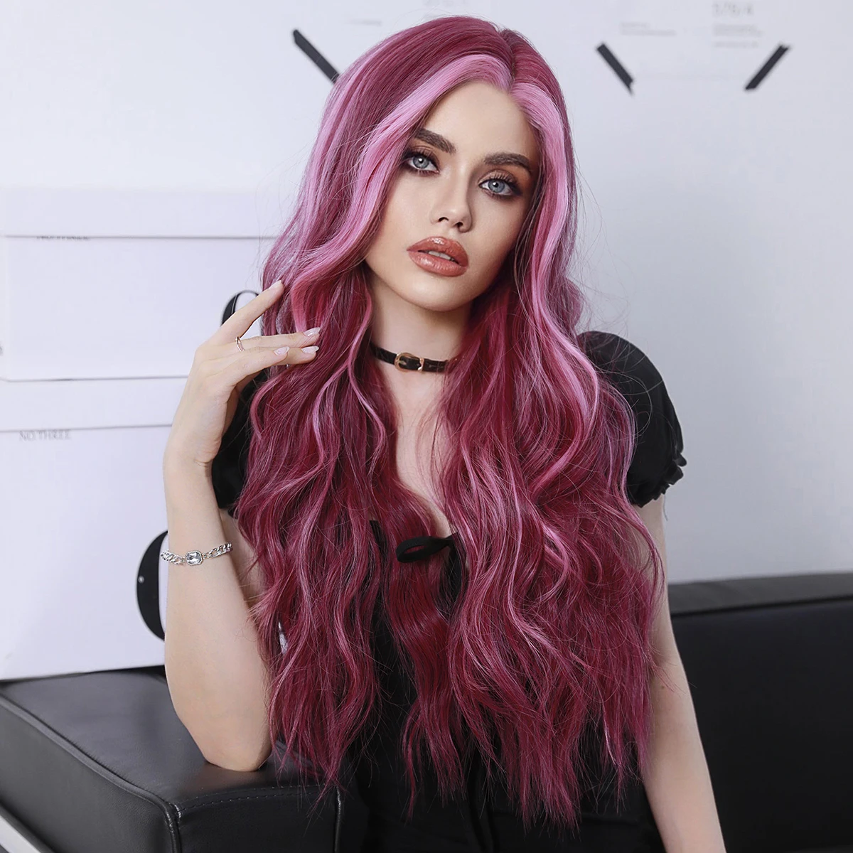 NAMM Lace Front Wig Pink Synthetic Loose Long Wavy Wig for Women Daily Party Natural Looking Lace Highlight Pink Side Part Wig