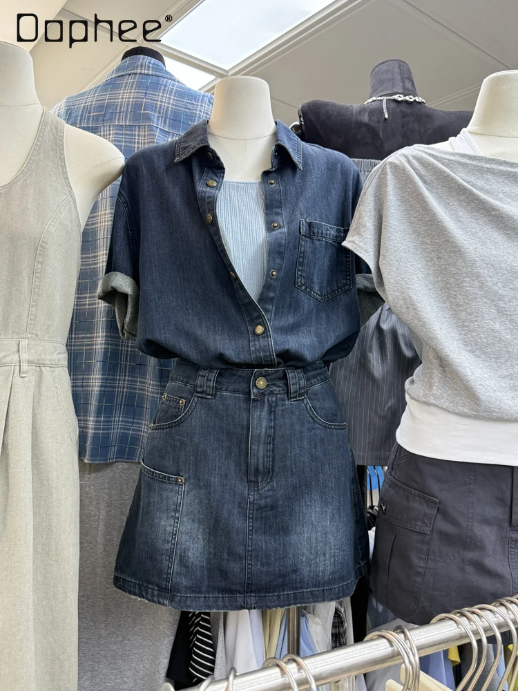 

Korean Trendy Retro Dark Blue Denim Short-sleeved Shirt + High Waist Slim A-line Skirt Two Piece Set Womens Fashion Denim Suit